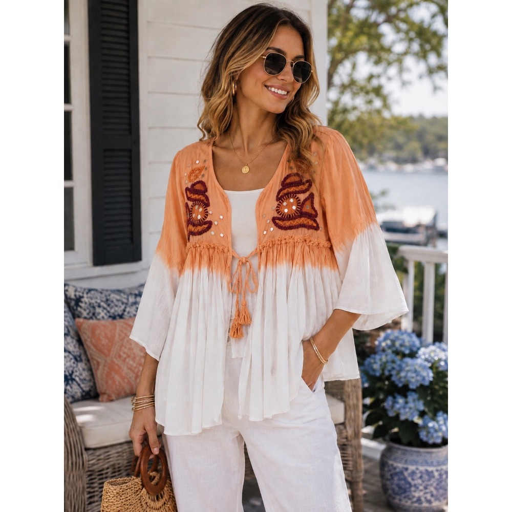 JW Style Babydoll Top Women Medium Orange White Embroidered Tie Front Excellent